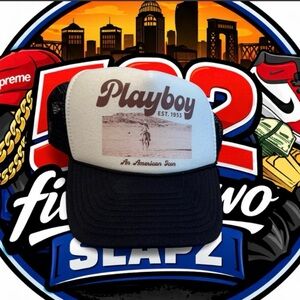PLAYBOY Two-Tone Trucker Cap in Black and White with Brown Logo